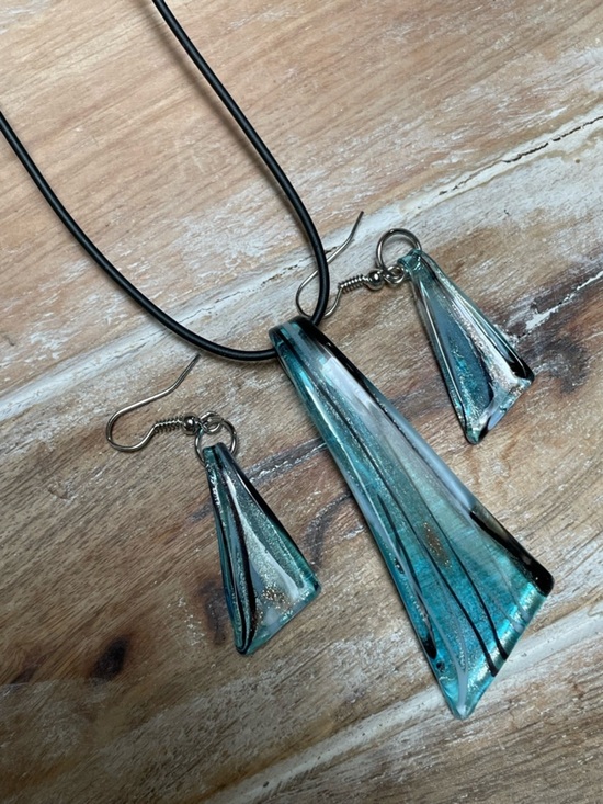 Jewelry - Handcrafted Sky Blue Glass Pendant Necklace and Earring Set